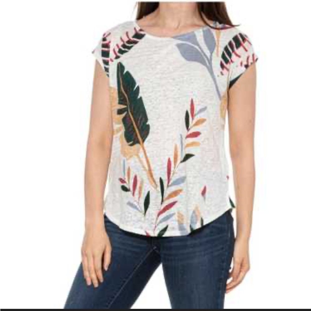 Cynthia Rowley Shirt - cream/neutral large floral 100% linen short sleeve tee